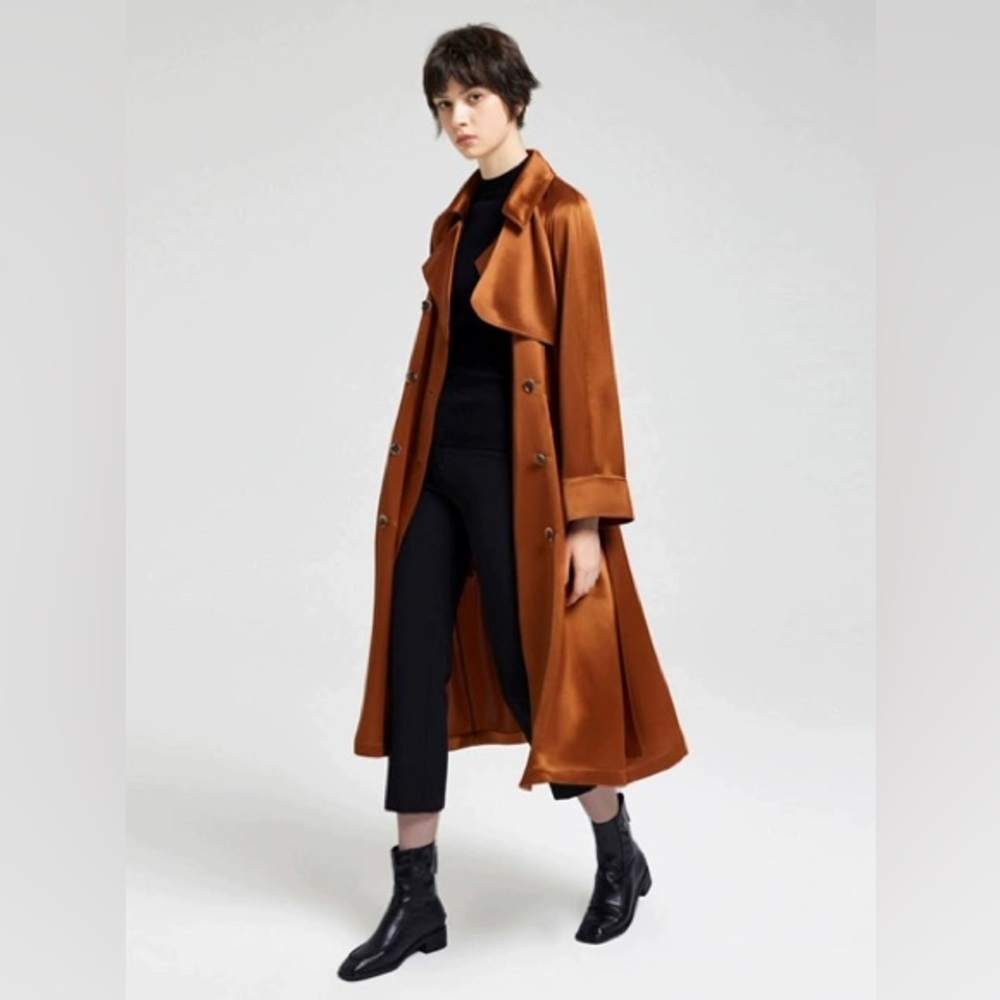 NWT Gentle Herd Sateen Double Breasted Trench Coat Copper/Caramel Size M - Picture 3 of 8